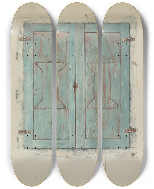Triptych art skateboard deck of Bertha Semple Cabinet Doors At Mission San Jose De Guadalupe by Bertha Semple