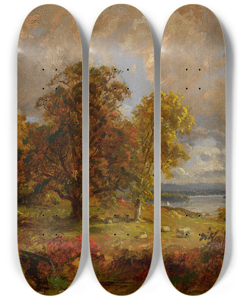 Triptych art skateboard deck of Jasper Francis Cropsey Landscape With Trees And Sheep Near A Copse by Jasper Francis Cropsey (1823-1900)