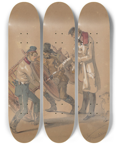 Triptych art skateboard deck of Friedrich Carl Von Scheidlin Oiling The Center Pin by Friedrich Carl Von Scheidlin (1822-1913)