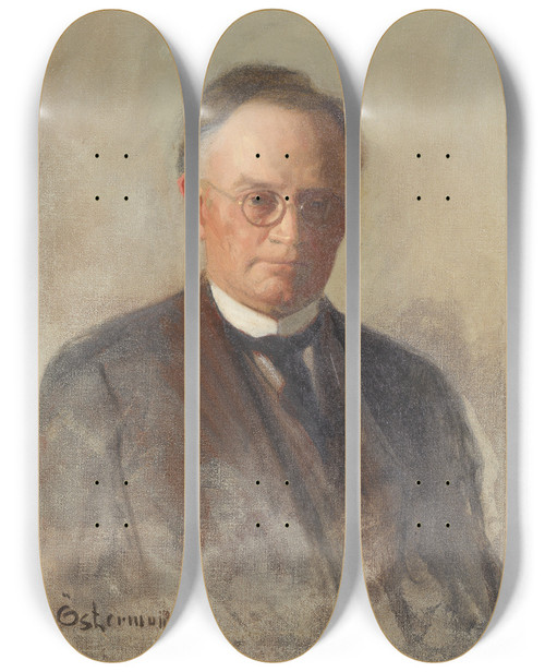 Triptych art skateboard deck of Bernhard Sterman Professor Johan Gunnar Andersson by Bernhard Osterman (1870-1938)