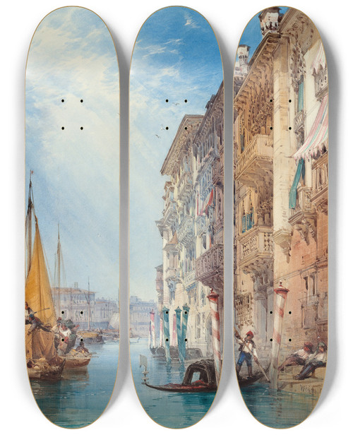 Triptych art skateboard deck of William Callow A Gondola On The Grand Canal Venice_1 by William Callow (1812-1908)