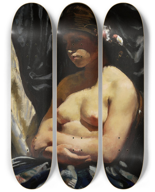 Triptych art skateboard deck of Wojciech Weiss Female Seminude by Wojciech Weiss (1875-1950)