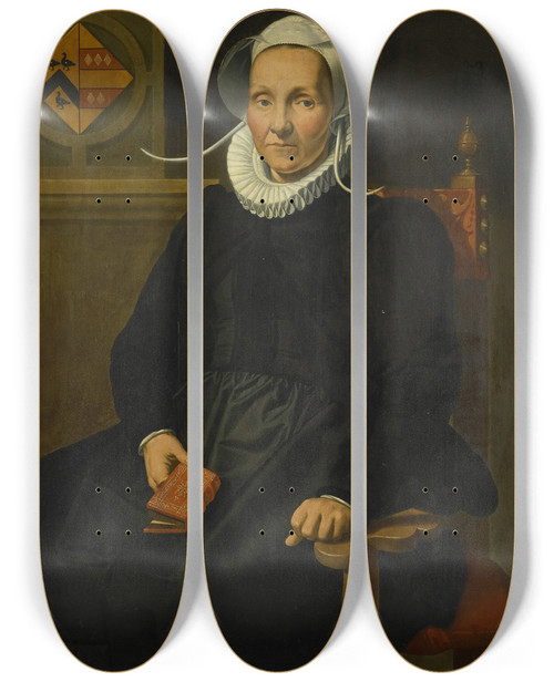 Triptych art skateboard deck of Pieter Pietersz Portrait Of Dirckje Tymansdr Gael Called Van Der Graft Wife Of Mattheus Augustijnsz Steyn by Pieter Pietersz (1540-1603)