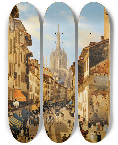 Triptych art skateboard deck of Giuseppe Canella La Corsia Dei Servi Milan by Giuseppe Canella (1788-1847)