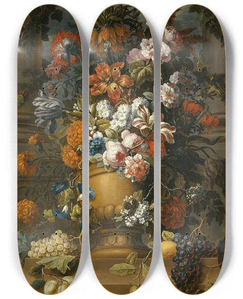 Triptych art skateboard deck of Gaspar Peeter Verbruggen The Younger Flowers In An Urn With Fruit On A Pedestal by Gaspar Peeter Verbruggen The Younger (1664-1730)