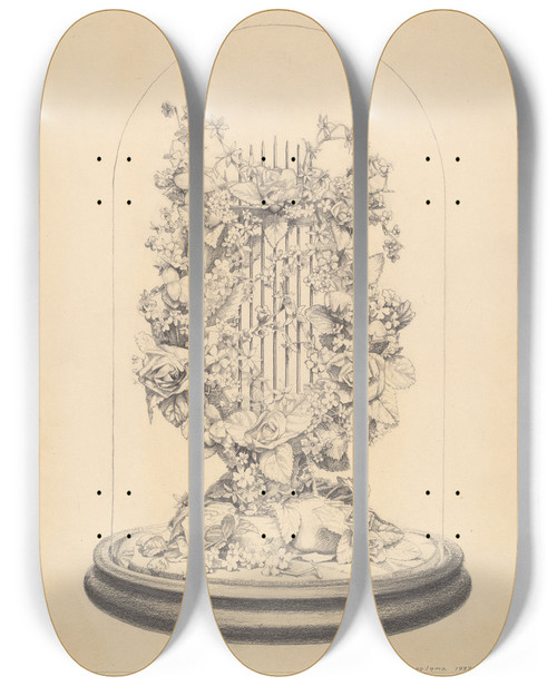 Triptych art skateboard deck of J Howard Iams Glass Globe Wax Flowers by J Howard Iams (20-)