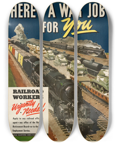 Triptych art skateboard deck of Adolph Treidler Heres A War Job For You by Adolph Treidler (1886-1981)