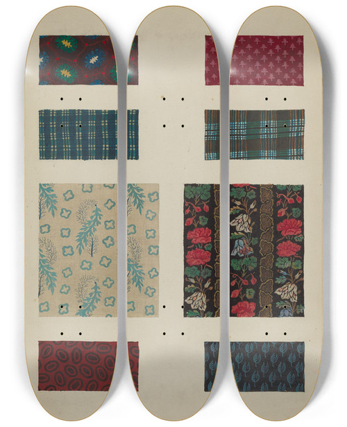 Triptych art skateboard deck of Frances Lichten Materials From Patchwork Bedspread_8 by Frances Lichten (1889-1961)