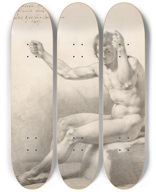 Triptych art skateboard deck of Pieter Godfried Bertichen Zittend Mannelijk Naakt Van Opzij Gezien by Pieter Godfried Bertichen (1796-1856)