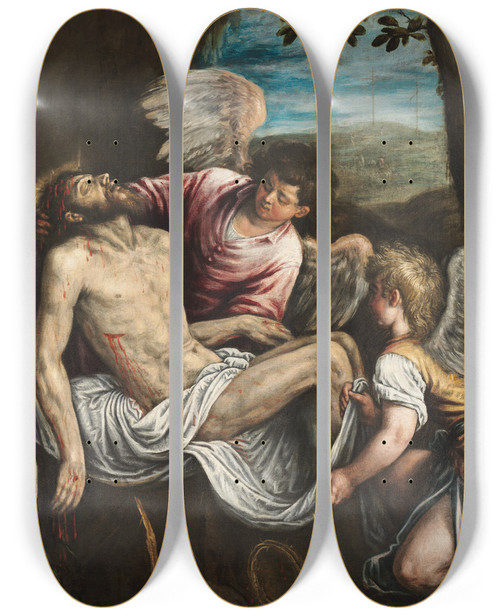 Triptych art skateboard deck of Leandro Bassano The Dead Christ With Angels by Leandro Bassano (1557-1623)
