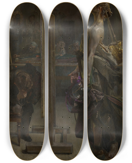 Triptych art skateboard deck of Jacek Malczewski Inspiration Of The Painter by Jacek Malczewski (1854-1929)
