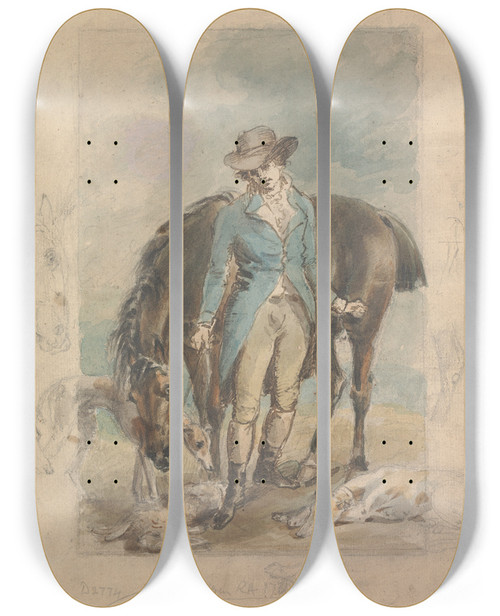 Triptych art skateboard deck of John Hoppner A Young Man With A Horse With Studies Of Hounds And Dead Hare by John Hoppner (1758-1810)