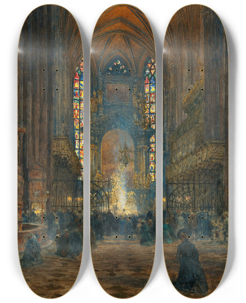 Triptych art skateboard deck of Jindich Tomec Mass At St Stephens Cathedral by Jindrich Tomec (1863-1928)