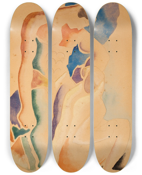Triptych art skateboard deck of Thomas Hart Benton Two Bathers by Thomas Hart Benton (1889-1975)