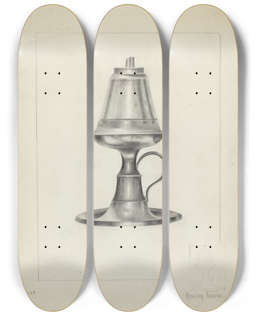 Triptych art skateboard deck of Amelia Tuccio Camphene Lamp by Amelia Tuccio (20-)