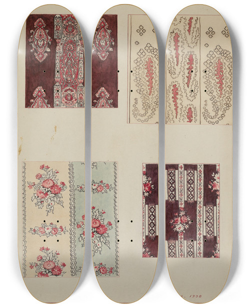 Triptych art skateboard deck of J Howard Iams Chintz From Quilt by J Howard Iams (20-)