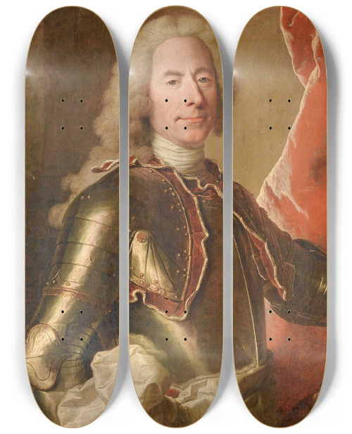 Triptych art skateboard deck of Hyacinthe Rigaud Portrait Of A Man Wearing An Armor by Hyacinthe Rigaud (1659-1743)