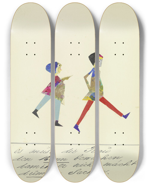 Triptych art skateboard deck of John Elsas Es Muss Die Frau Den Mann Bewachen by John Elsas (1851-1935)