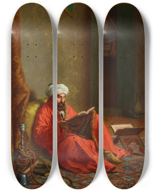 Triptych art skateboard deck of Louisemile Pinel De Grandchamp The Reader by Louis-Emile Pinel De Grandchamp (1831-1894)