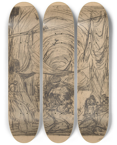 Triptych art skateboard deck of Marius Bauer Kooplieden In Een Bazaar In Constantinopel by Marius Bauer (1867-1932)