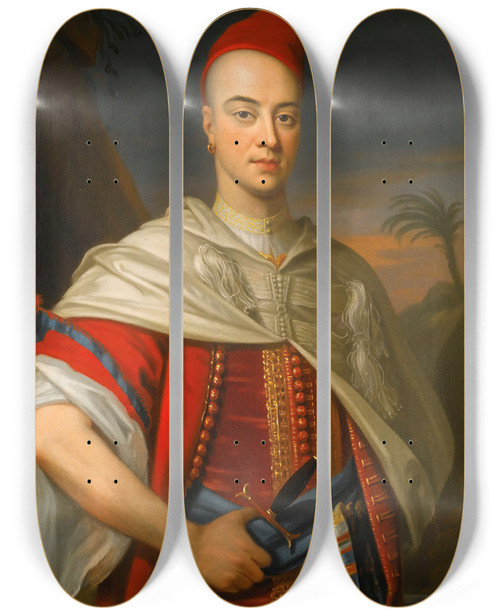 Triptych art skateboard deck of Enoch Seeman Portrait Of A Gentleman In Moroccan Dress by Enoch Seeman (1694-1744)