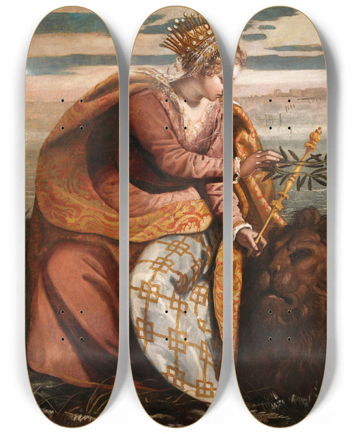 Triptych art skateboard deck of Domenico Tintoretto Venice Queen Of The Adriatic Crowning The Lion Of Saint Mark by Domenico Tintoretto (1560-1635)