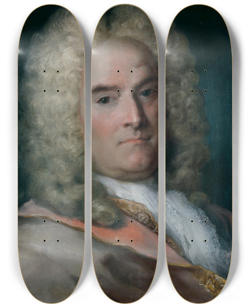 Triptych art skateboard deck of Rosalba Carriera A Gentleman In A Gray Cape Over A Goldembroidered Coat by Rosalba Carriera (1675-1757)