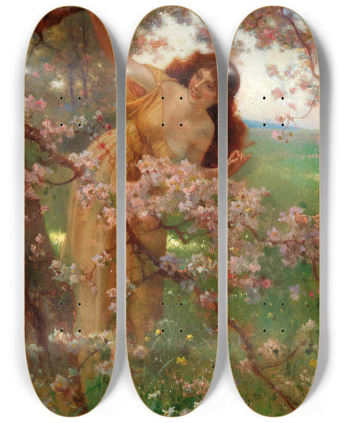Triptych art skateboard deck of Wilhelm Menzler The Blossoming Tree In The Garden by Wilhelm Menzler (1846-1926)