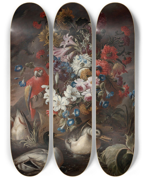 Triptych art skateboard deck of Andrea Belvedere Floral Still Life With A Parrot And Ducks by Andrea Belvedere (1652-1732)