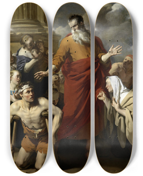 Triptych art skateboard deck of Karel Dujardin St Paul Healing The Cripple At Lystra by Karel Dujardin (1622-1678)