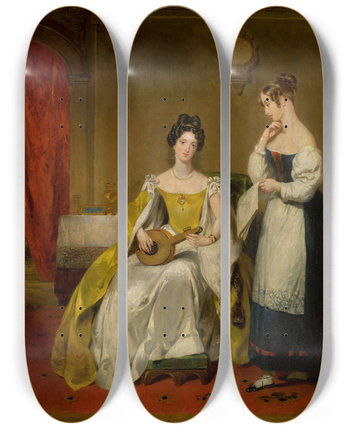 Triptych art skateboard deck of Margaret Sarah Carpenter An Elegant Interior With A Young Lady Holding A Small Guitar by Margaret Sarah Carpenter (1793-1872)