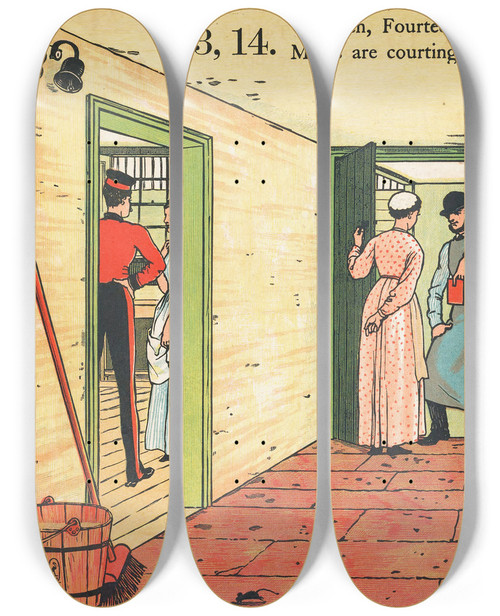 Triptych art skateboard deck of Walter Crane 1 2 Buckle My Shoe Pl 5 by Walter Crane (1845-1915)
