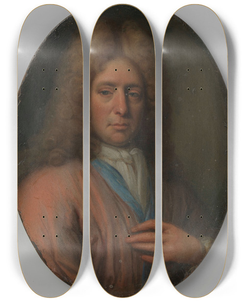 Triptych art skateboard deck of Jan Verkolje Portrait Of A Man Perhaps A Self Portrait by Jan Verkolje (1650-1693)