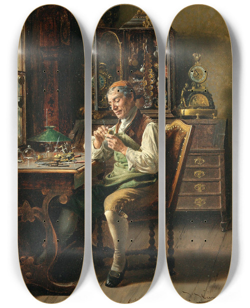 Triptych art skateboard deck of Johann Hamza The Clock Maker by Johann Hamza (1850-1927)