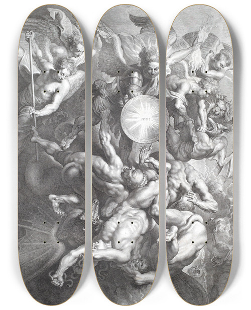 Triptych art skateboard deck of Lucas Emil Vorsterman The Fall Of The Rebel Angels by Lucas Emil Vorsterman (1595-1675)