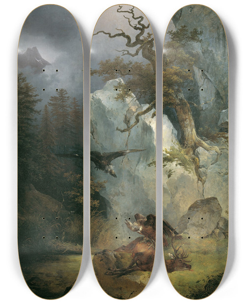 Triptych art skateboard deck of Friedrich August Matthias Gauermann Ein Geier Auf Verendetem Hirsch by Friedrich August Matthias Gauermann (1807-1862)