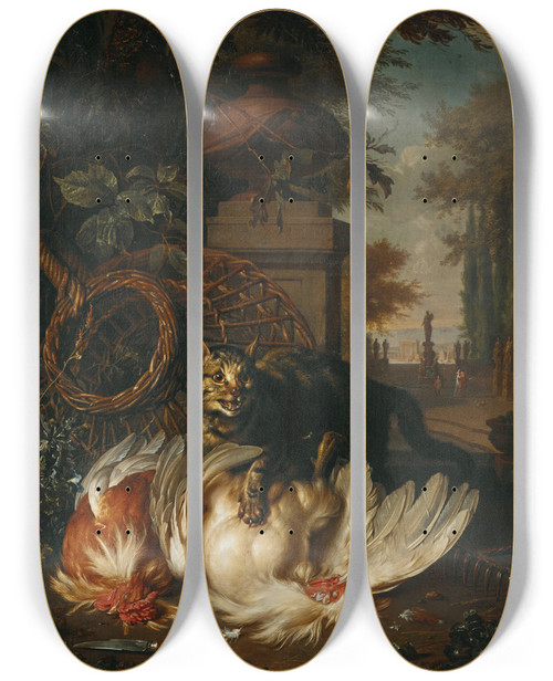 Triptych art skateboard deck of Dirk Valkenburg A Cat Attacking Chickens By A Basket A Rake And A Knife by Dirk Valkenburg (1675-1721)