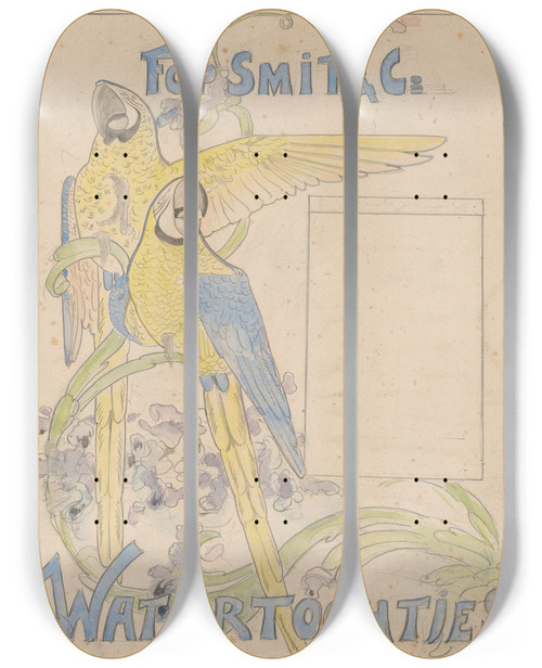 Triptych art skateboard deck of Willem Van Konijnenburg Twee Papegaaien En Bloemen by Willem van Konijnenburg (1868-1943)