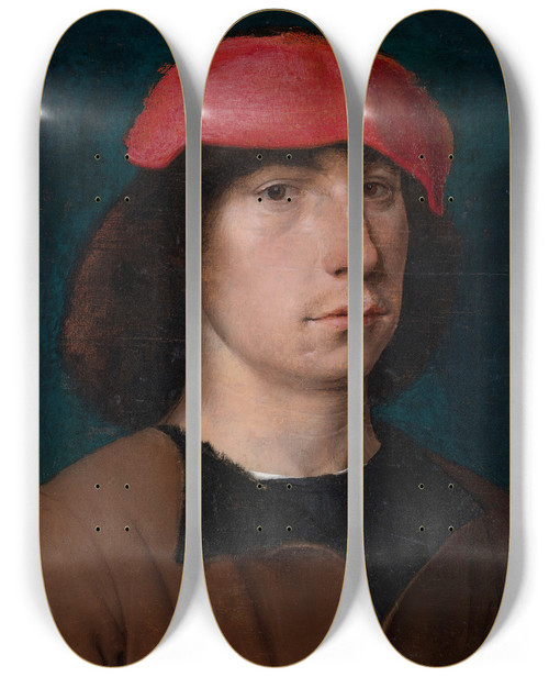 Triptych art skateboard deck of Michel Sittow A Young Man In A Red Cap by Michel Sittow (1468-1525)