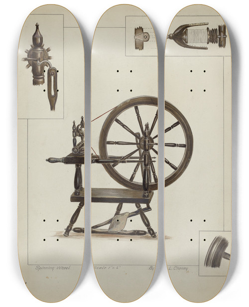 Triptych art skateboard deck of Clyde L Cheney Spinning Wheel by Clyde L Cheney
