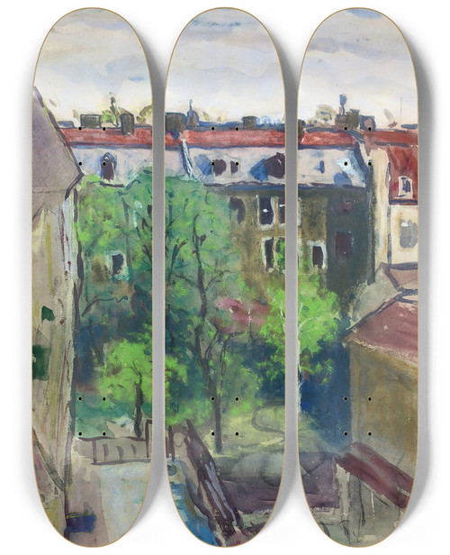 Triptych art skateboard deck of Otto Geigenberger Hinterhof by Otto Geigenberger (1881-1946)