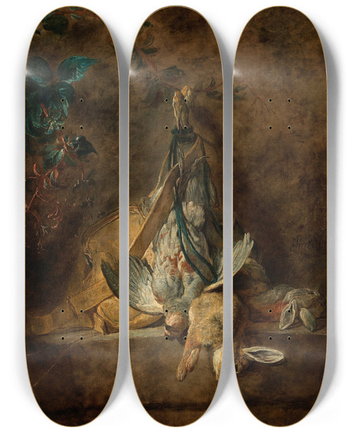 Triptych art skateboard deck of Jean Simon Chardin A Still Life Two Rabbits A Grey Partridge Game Bag And A Powder Flask by Jean Simeon Chardin (1699-1779)