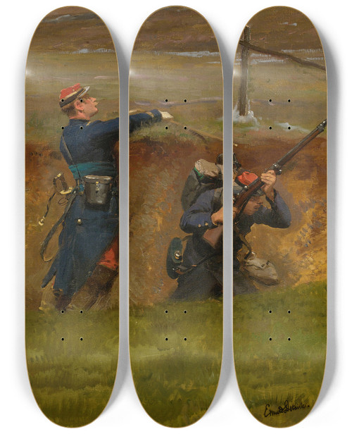 Triptych art skateboard deck of Jeanbaptiste Douard Detaille Dans Un Ravin Lignards_2 by Jean-Baptiste douard Detaille (1848-1912)