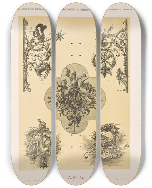 Triptych art skateboard deck of Albert Ilg Allegorien Und Embleme Vol Ii Pl166 by Albert Ilg (1847-1896)