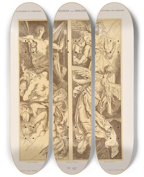 Triptych art skateboard deck of Albert Ilg Allegorien Und Embleme Vol I Pl162 by Albert Ilg (1847-1896)