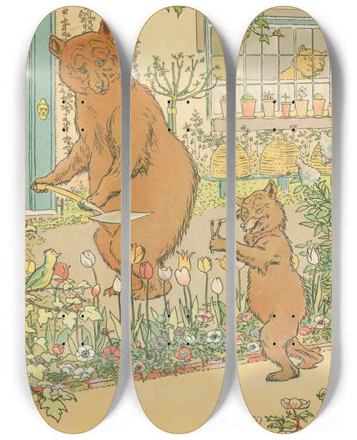 Triptych art skateboard deck of Leonard Leslie Brooke Pappa And Baby Bear by Leonard Leslie Brooke (1862-1940)