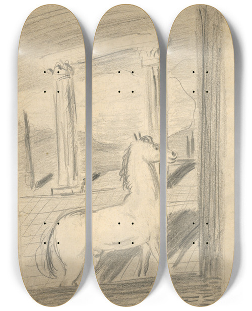 Triptych art skateboard deck of Cyprin Majernk Sketch For The Painting Lonely Horse by Cyprian Majernik (1909-1945)