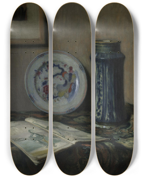 Triptych art skateboard deck of Jzef Pankiewicz Still Life With Ceramics Still Life With A Blue Vase by Jozef Pankiewicz (1866-1940)