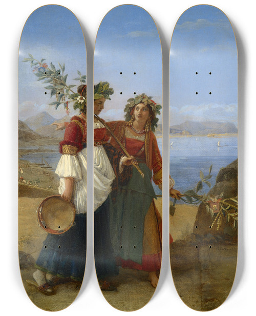 Triptych art skateboard deck of Louis Lopold Robert Dies Palmarum Two Neapolitan Girls Returning From The Feast by Louis Leopold Robert (1794-1835)