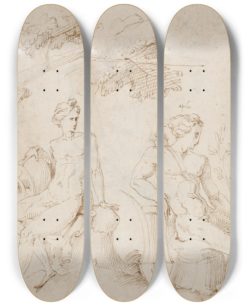 Triptych art skateboard deck of Francesco Salviati Apoll Und Ein Flugott Mit Vase Aus Szenen Der Marsyaslegende Nach Einer Antiken Gewlbeausmalung An Der Via Salaria In Rom by Francesco Salviati